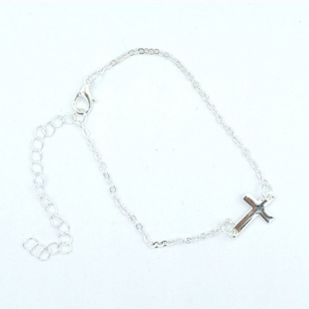 NEW WOMEN'S ADJUSTABLE SILVER-PLATED CHAIN LINK SILVER-TONE CROSS ANKLE BRACELET